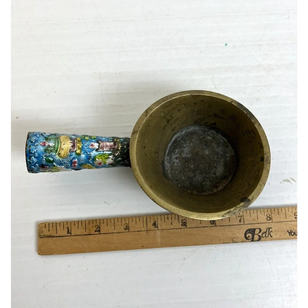 Vintage Chinese Brass & Cloisonne Silk Iron Aged Asian Home Decor Scoop Ethnic